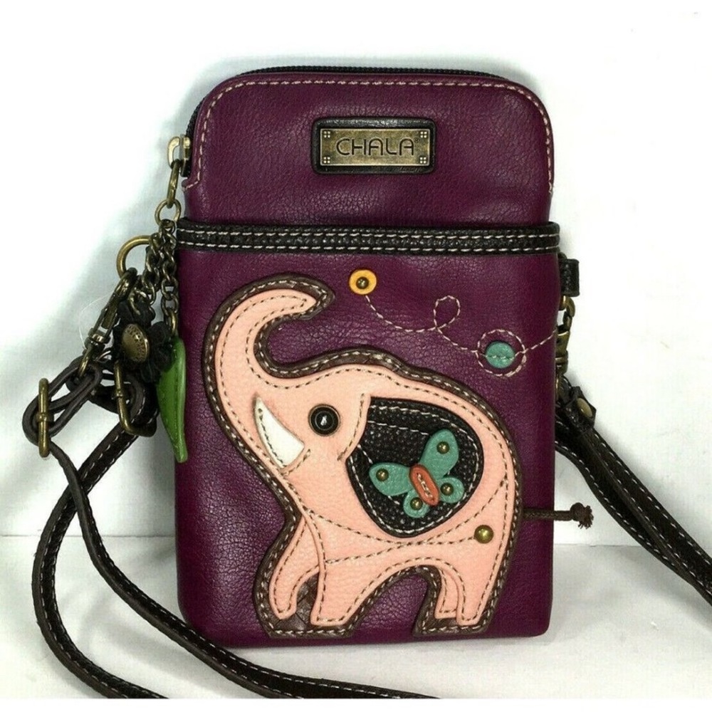 Chala Plum Crossbody Phone Bag with Pink Elephant Applique